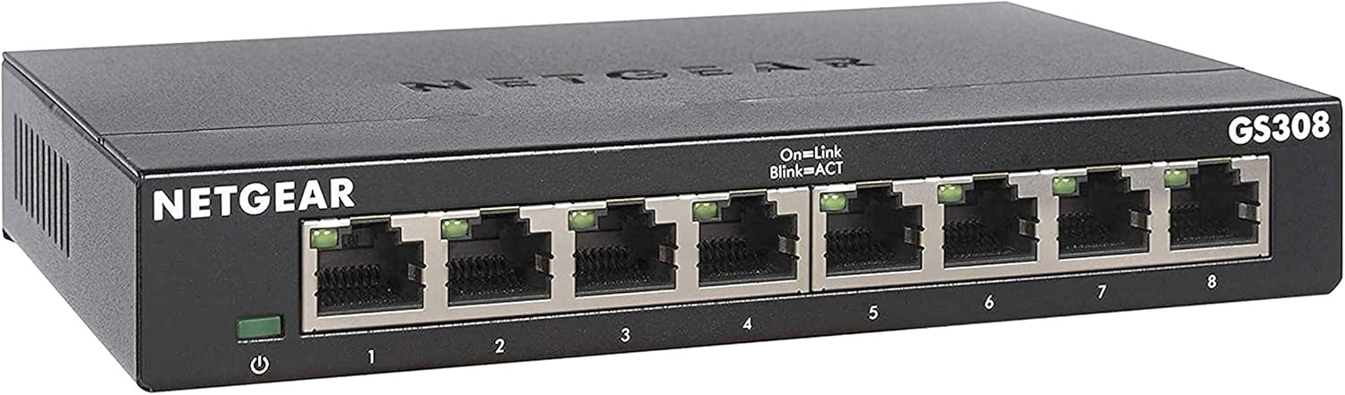 NETGEAR Switch Ethernet 8 porte Unmanaged (GS308), Switch Gigabit hub di rete domestica, Switch 8 Porte gigabit per ufficio, Plug-and-play, silenzioso, montaggio desktop o a parete 